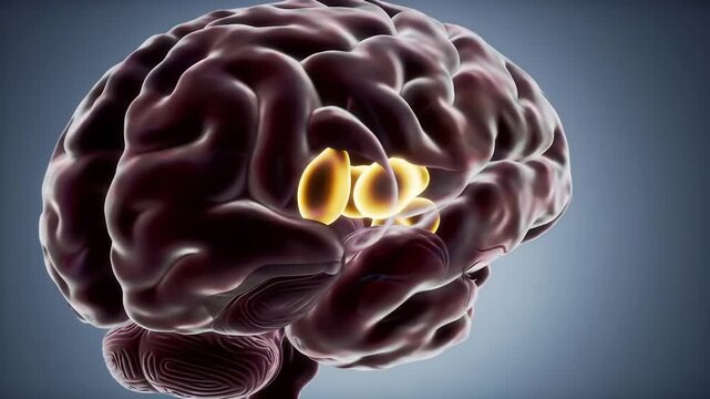 Detailed 3D rendering of the human brain with specific regions, likely the amygdala and hippocampus, highlighted in a glowing yellow, illustrating complex neurological structures and their functions .