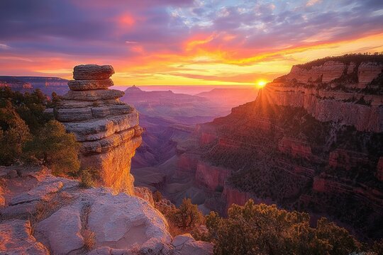 Sunset casting vibrant orange and purple light over rocky canyon landscape with layered cliffs and sparse vegetation - Powered by Adobe
