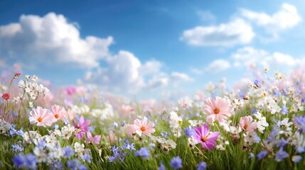 Vibrant Wildflower Meadow Under Bright Blue Sky with Fluffy White Clouds
