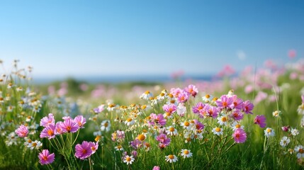 Fototapeta premium Vibrant Field of Colorful Wildflowers Under a Bright Clear Blue Sky in Springtime Nature Landscape