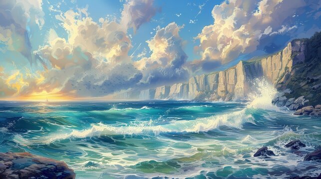 Ocean waves crashing against a rocky cliff