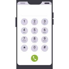 Smartphone with dial pad and green call button displayed on white screen dark gray frame top notch modern device focused on calling function clear interface with numbered buttons and symbols