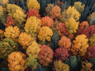 Aerial view of a dense forest with vibrant autumn foliage in shades of red, orange, and yellow during fall