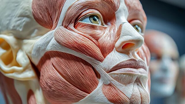 Anatomical model of a human head showcasing muscles and bone structure.