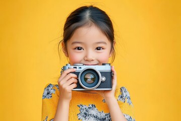 Smiling young girl holding a vintage camera in front of bright yellow background showing excitement and curiosity