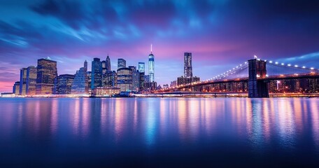 Naklejka premium Vibrant city skyline at dusk with illuminated skyscrapers and a suspension bridge reflecting colorful lights over calm water under a dramatic purple and blue sky