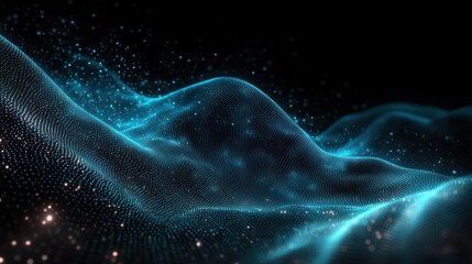 Abstract wave of glowing blue digital particles flowing and swirling on a dark background creating a sense of depth and motion