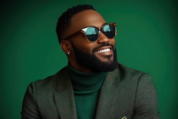 Smiling stylish man wearing tortoiseshell sunglasses, dark green turtleneck and blazer posing confidently against a green background