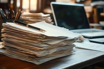 Large messy stack of papers with a pen resting on top on a wooden desk in front of a laptop in a softly lit room