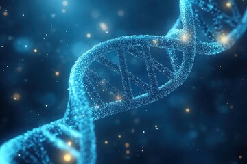 Close-up view of a glowing blue DNA double helix strand with particles and light effects surrounding it in a dark background, evoking a sense of scientific discovery