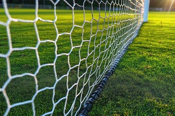 Close-up view of a soccer goal net with sunlight illuminating the green grass field during a bright day
