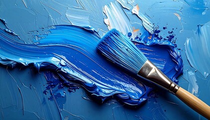 A close-up studio shot showcasing a paintbrush gliding through vibrant blue paint, creating textured strokes on a canvas