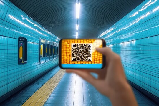Hand holding smartphone scanning a QR code with corn image in a modern blue tiled subway corridor under bright fluorescent lights
