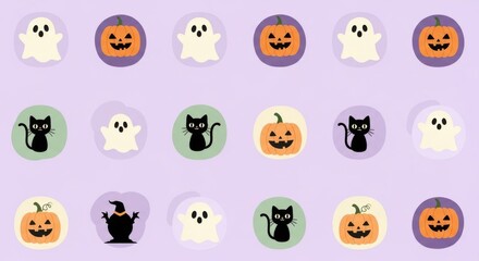 Halloween Pattern with Ghosts, Black Cats, and Pumpkins, Minimalist Pastel Halloween Seamless Background Design