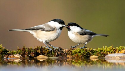 Obraz premium Two small birds perched near water, touching beaks