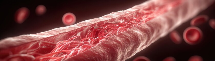 Atherosclerosis blocked blood vessel by plaque concept. Detailed illustration of blood flow in a human vein.