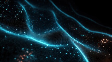 Abstract glowing blue and orange dotted wave pattern resembling a digital or data stream flowing smoothly on a dark background