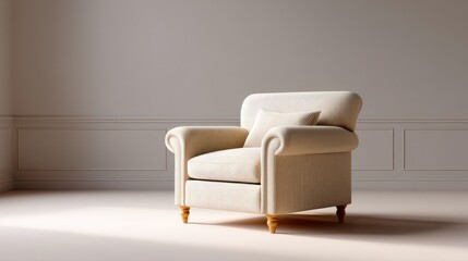 Cozy Cream Armchair in Modern Minimalist Living Room with Soft Natural Light and Elegant Interior Design Elements