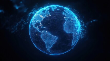 Obraz premium Digital glowing blue planet earth with illuminated continents and intricate circuitry patterns on surface in a dark space background