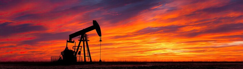 Obraz premium Silhouette of oil pump jack against sunset sky concept. Silhouette of an oil pump against a stunning sunset sky.
