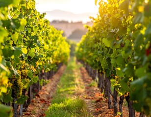 Obraz premium A sunlit vineyard, rows of grapevines leading towards a distant bridge, capturing a golden hour glow over the landscape