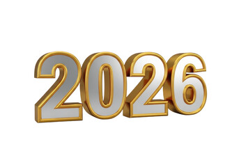 Golden trimmed white 3d numbers representing the year 2026 isolated on transparent background