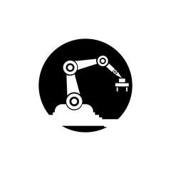 Black vector silhouette of a robot arm icon with a clean, simple design.