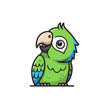 Cute Green Cartoon Parrot Bird Sitting, Adorable Tropical Pet Character, Isolated Vector Illustration