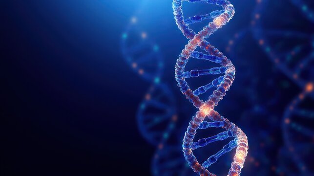 Close-up illustration of a glowing blue and orange DNA double helix structure against a dark blurred background, representing genetic information and molecular biology