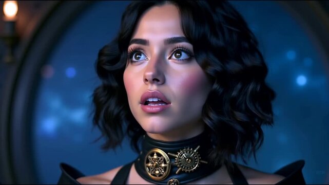 steampunk woman with dark curls wearing black leather choker with brass gear details