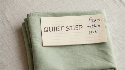 Soft Green Fabric with Handwritten Note About Peace and Quiet Step in Calm Domestic Setting for Relaxation and Mindfulness