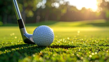 A close-up view of a golf ball next to a club on a bright green field, with the sun shining in the background