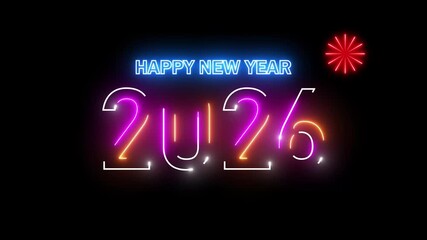 2026 Happy new year 2026 neon animated background greetings happy new year welcome 2026 fireworks neon blue purple text 4k looping - Powered by Adobe