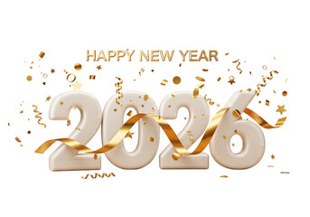 Happy new year 2026 celebration with golden ribbons and confetti isolated on transparent background