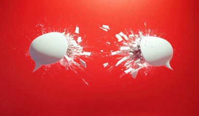 Two white speech bubbles violently shattering into pieces facing each other on a bright red background symbolizing conflict or intense argument