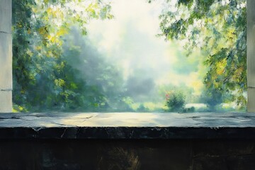 View of a misty, lush green garden framed by stone window ledges with soft morning sunlight filtering through trees and foliage