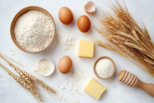 Flat lay of baking ingredients including bowls of flour, three eggs with one cracked, two pats of butter, wheat stalks, and a wooden honey dipper on white surface