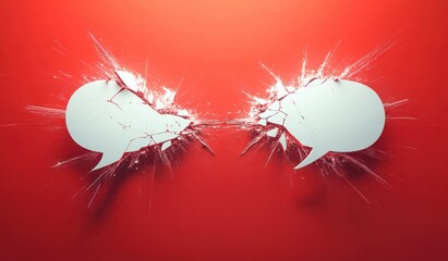 Two shattered white speech bubbles appearing to collide violently on a bright red background, symbolizing conflict or a broken conversation with intense impact
