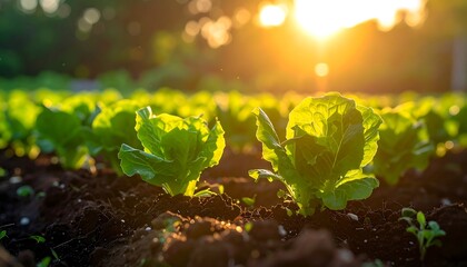 A close-up view of fresh lettuce heads bathed in warm sunlight. The golden sun shines through the leaves in a garden setting