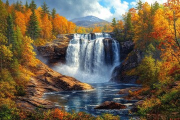 Majestic waterfall cascading into a calm river surrounded by vibrant autumn trees with mountains in the background under a partly cloudy sky