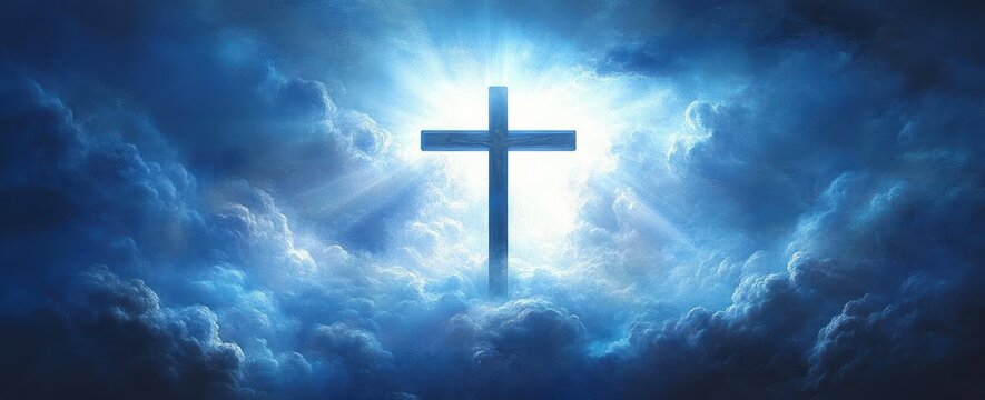 A glowing wooden cross illuminated by radiant beams of light emerging from dense, dramatic blue clouds, evoking a sense of hope and spirituality