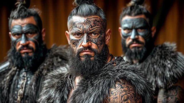Fierce warriors with face paint and fur, exuding strength and tribal power.