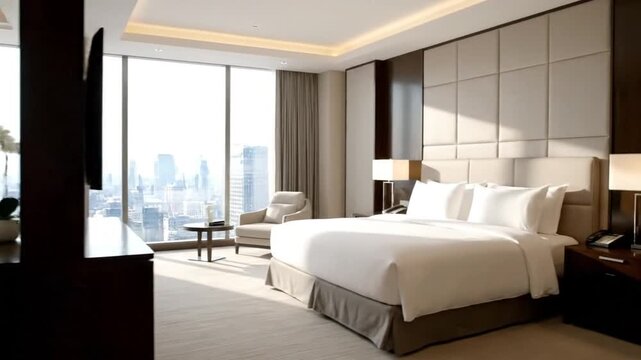 Luxurious High-Rise Apartment Living Room with Cityscape Views and Modern Art