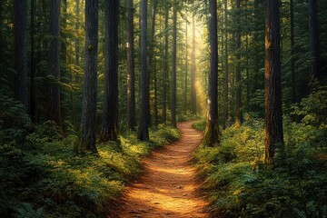 Obraz premium Sunlit forest trail winding through tall evergreen trees with lush undergrowth bathed in warm morning light and peaceful natural surroundings