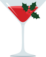 Festive cocktail in a martini glass, garnished with holly and berries, perfect for the holiday season.