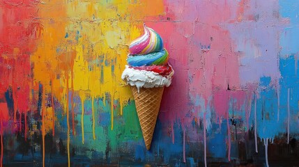 Obraz premium A Rainbow Swirl Ice Cream Cone With White Frosting Stands Against a Vibrant Dripping Paint Wall Covered in Glitter