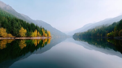 Fototapeta premium Serene Autumn Landscape with Vibrant Trees and Reflective Calm Water Surrounded by Majestic Mountains Under Clear Sky