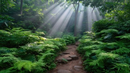 Fototapeta premium Sunlight Streaming Through Lush Green Forest with Ferns and a Winding Path