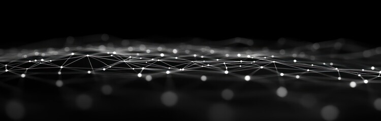 Abstract digital network of interconnected glowing nodes and lines on a dark background representing data or communication flow
