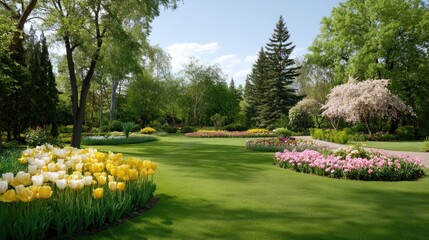 Vibrant Spring Garden with Colorful Flowers, Lush Greenery, and Clear Blue Skies Under Bright Sunlight